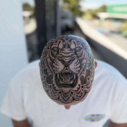 Big Dotwork Lion Tattoo on Men Head by @piri.green.tattoos