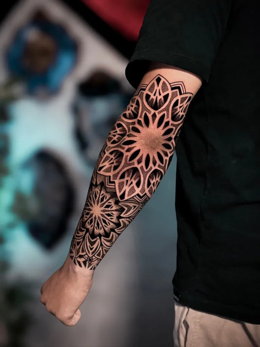 Big Dotwork Mandala Flowers Tattoo on Men Arm by @brunnonobregatattoo