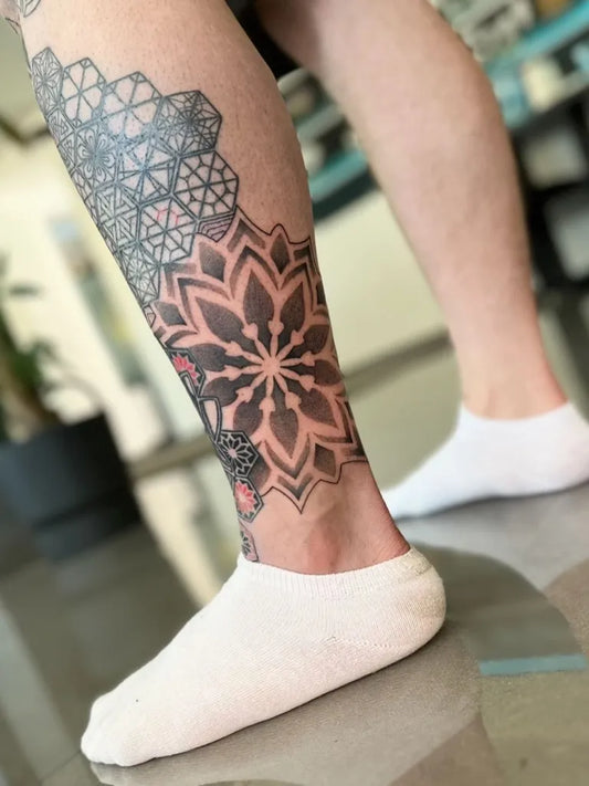 Big Dotwork Mandala Tattoo on Men Leg by @bimbi_nike
