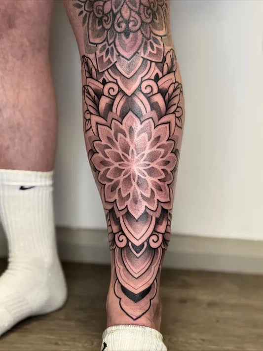 Big Dotwork Mandala Tattoo on Men Leg by @laurensmithtattoos