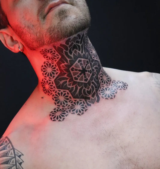 Big Dotwork Mandala Tattoo on Men Neck by @dark_gustavo_tattoo