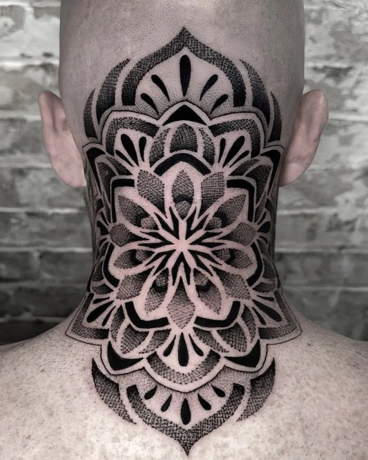 Big Dotwork Mandala Tattoo on Men Neck by @grumpy_doper