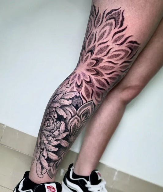 Big Dotwork Mandala Tattoo on Women Leg by @manuu.ink