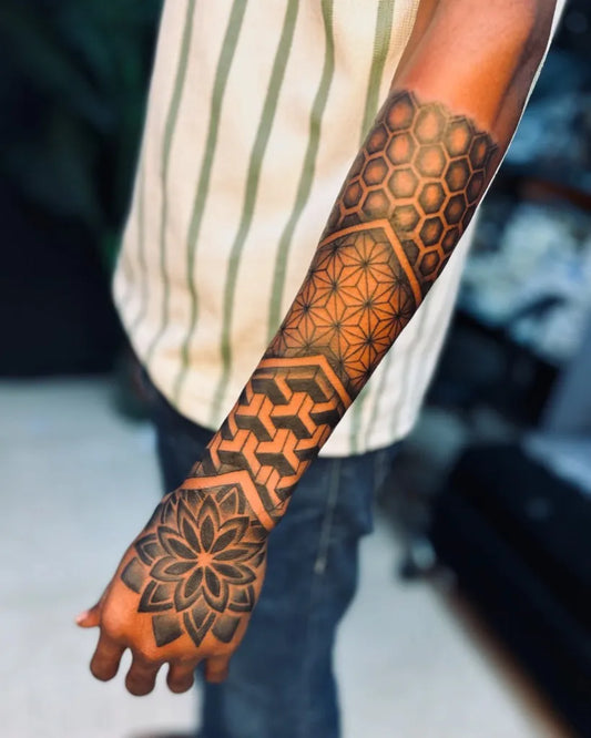 Big Dotwork Mandala and Hexagon Tattoo on Men Arm by @thetattooartistmanish