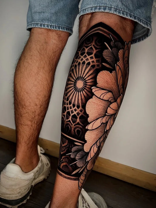 Big Dotwork Mandala and Peony Tattoo on Men Leg by @monsieur_berdah