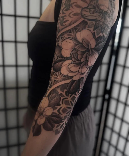 Big Dotwork Peony Flowers and Mandala Women Arm by @piri.green.tattoos