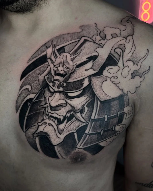 Big Dotwork Samurai Hannya Mask Tattoo on Men Chest by @mollinatattoo