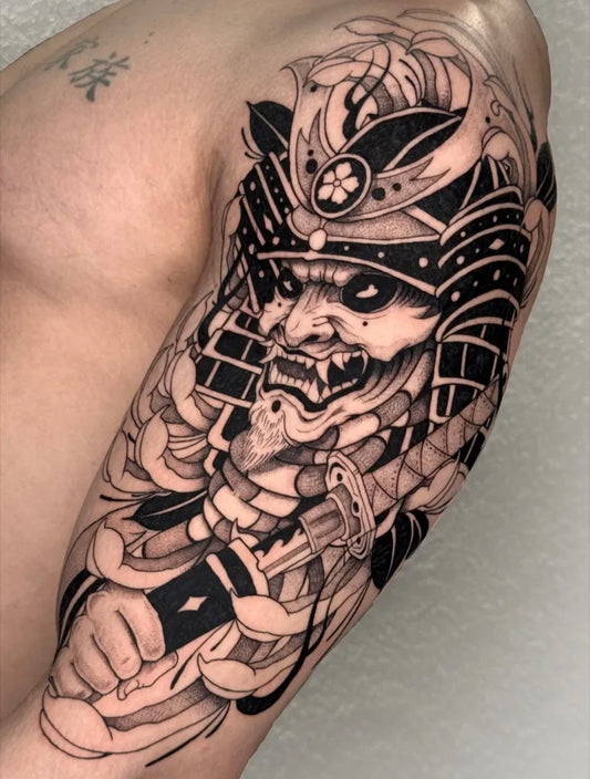 Big Dotwork Samurai Hannya Mask and Lotus Tattoo on Men Shoulder by @cejaymedio_tattoo