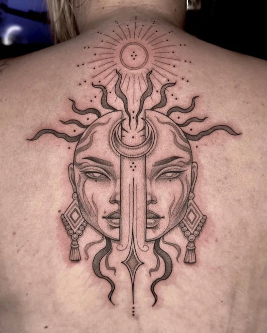 Big Dotwork Sun Crescent Moon Face Tattoo on Women Back by @lauragascoynee_tattoo