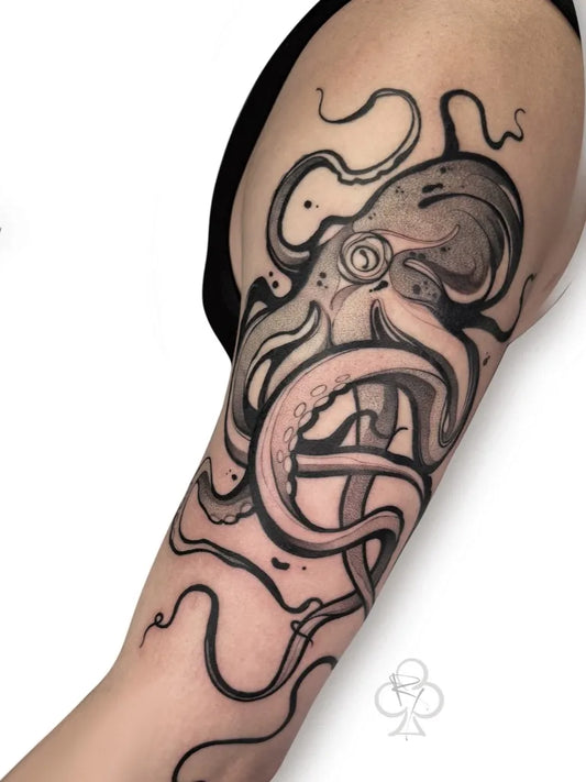 Big Dotwork Traditional Octopus Tattoo on Women Upper Arm by @rey_teysse