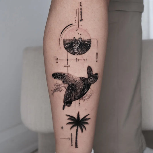 Big Dotwork Turtle Geometric Palm Tattoo on Men Leg by @eve.tattooer