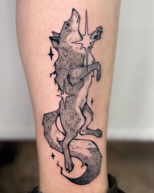 Big Dotwork Wolf with Stars on Women Leg Tattoo by @unsaintlytattoo