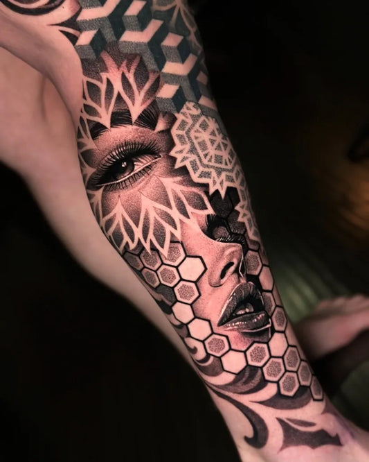 Big Dotwork Womans Face with Geometric Patterns Tattoo on Women Arm by @tattoosbynickfierro