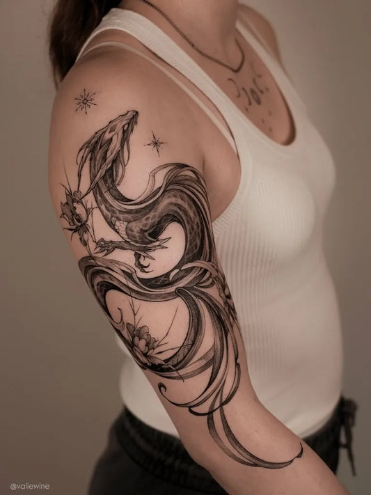 Big Dragon on Women Arm Tattoo by @valiewine