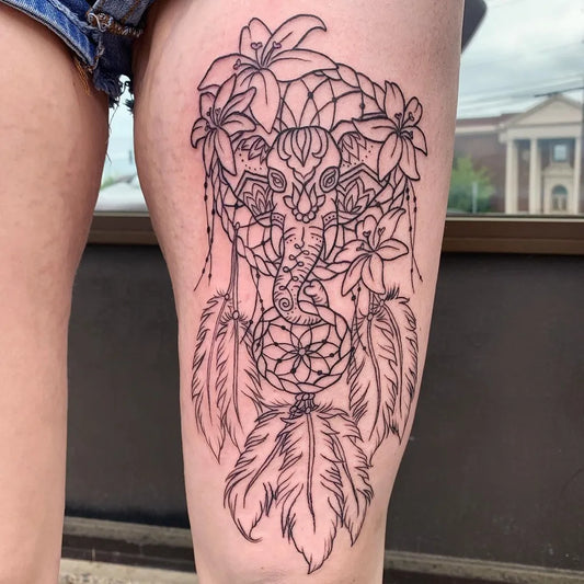 Big Dreamcatcher Elephant Lily on Women Thigh Tattoo by @artbykennedyy