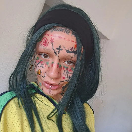 Big Eclectic Flowers Cross Bat on Women Face Tattoo by @_sha_mes_