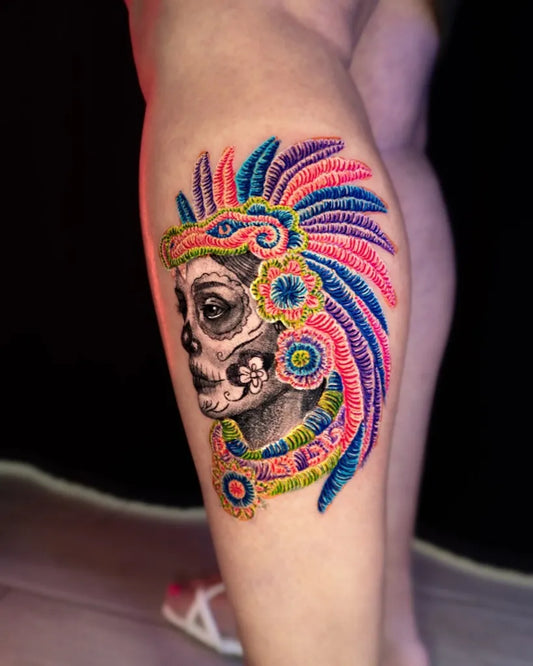Big Embroidery Aztek Sugar Skull with Feathered Headdress Tattoo on Women Leg by @ar2ta2