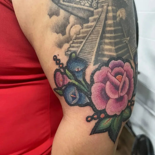 Big Embroidery Mayan Pyramid Rose Flowers Tattoo on Women Arm by @larkspurtattoostudio