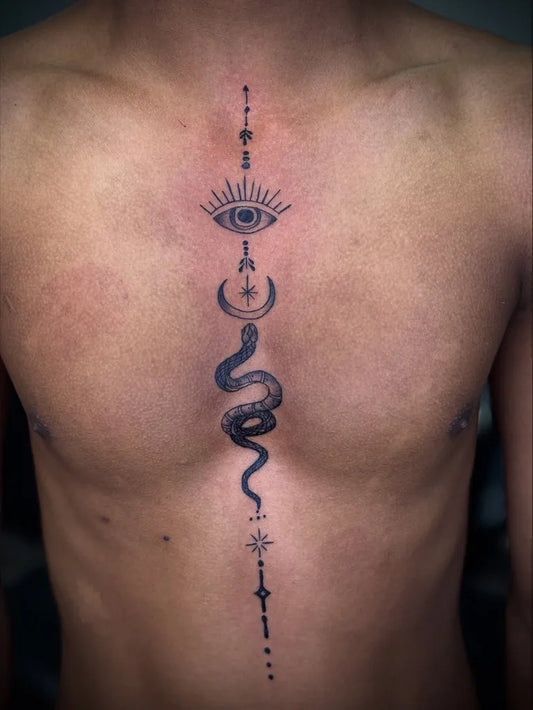 Big Esoteric Snake Eye Moon on Men Chest Tattoo by @kr_tattoohub