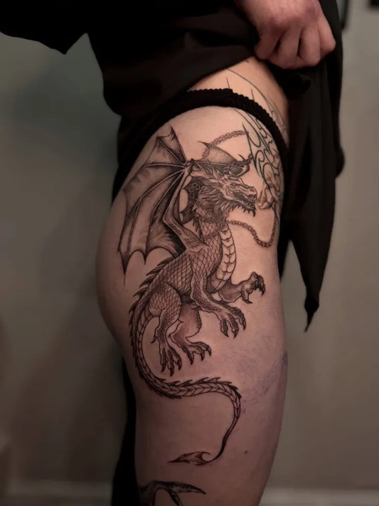 Big Fantasy Dragon Moon on Women Thigh Tattoo by @sammadethat