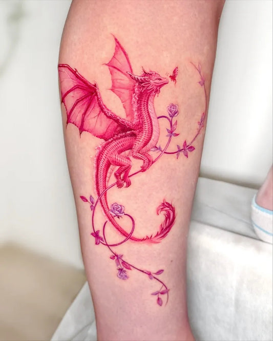 Big Fantasy Dragon Rose Vine on Women Leg Tattoo by @peria_tattoo