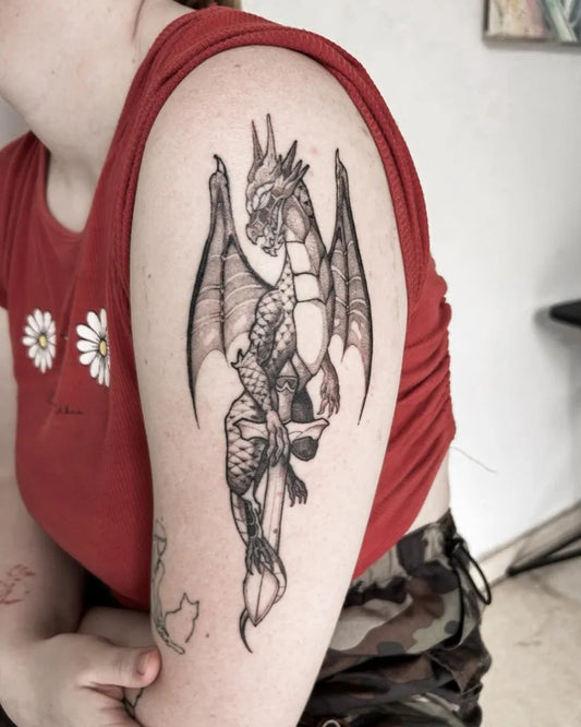 Big Fantasy Dragon on Women Arm Tattoo by @kevalvarr