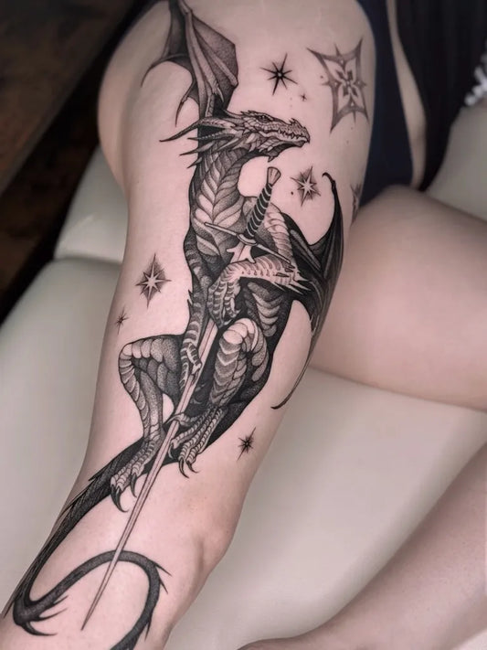Big Fantasy Dragon with Sword on Women Thigh Tattoo by @jiangbrulant