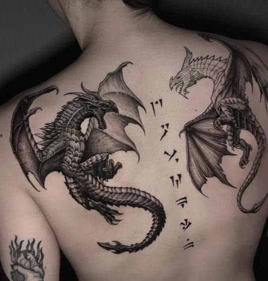 Big Fantasy Dragons and Runes on Women Back Tattoo by @jbarrtattoo