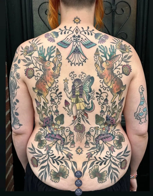 Big Fantasy Fairy and Rabbits on Women Back Tattoo by @amare.with.love