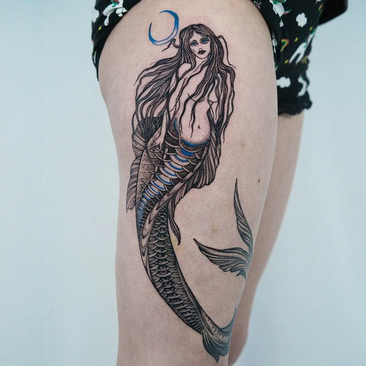 Big Fantasy Mermaid Tattoo on Women Thigh by @hiralupe_tattoo