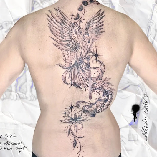 Big Fantasy Phoenix Lotus on Women Back Tattoo by @tattooknuckleduster