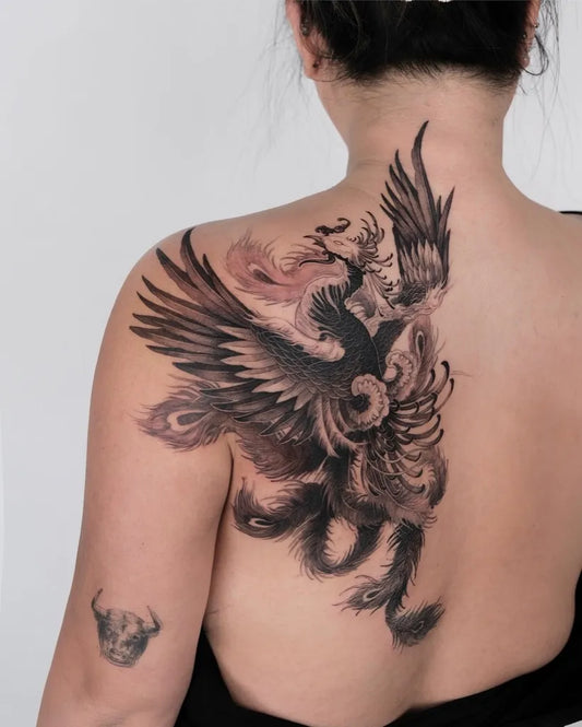 Big Fantasy Phoenix and Bull on Women Back Tattoo by @wilwang_tatt
