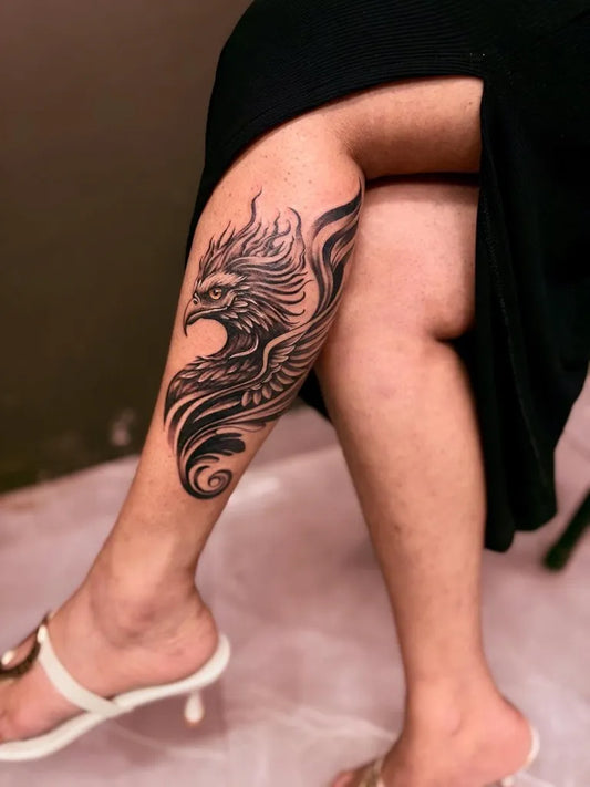 Big Fantasy Phoenix on Women Thigh Tattoo by @skinmachinetattoo