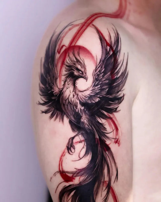 Big Fantasy Phoenix with Red Flames on Men Shoulder Tattoo by @kaki_tattooer