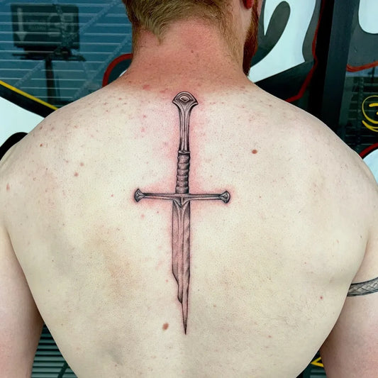 Big Fantasy Sword on Men Back Tattoo by @jerryluckycat