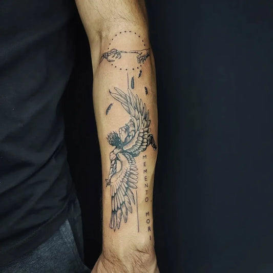 Big Fine Line Angel Memento Mori on Men Arm Tattoo by @xristinalegendtattoo