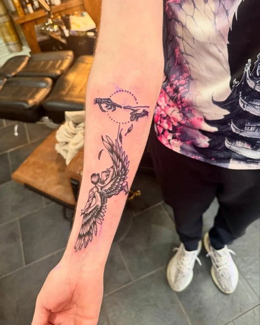 Big Fine Line Angel with Feathers on Women Forearm Tattoo by @black.pearltattooparlour