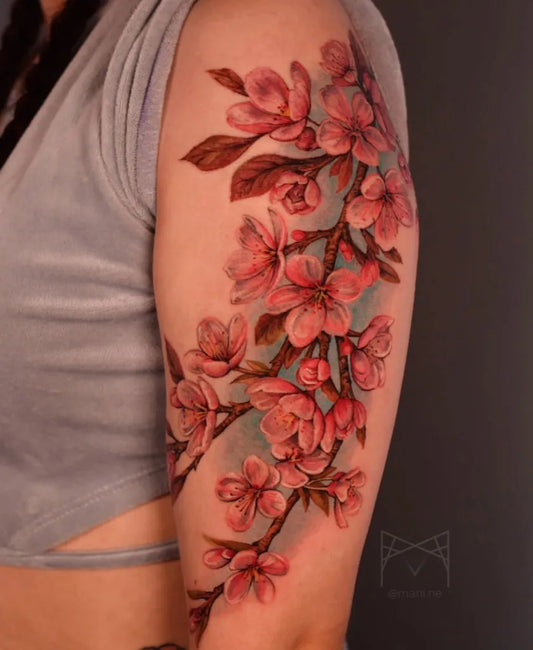 Big Fine Line Cherry Blossom Branch on Women Arm Tattoo by @mani.art.ne