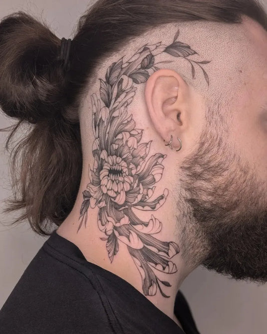 Big Fine Line Chrysanthemum Flowers on Men Neck Tattoo by @zoelouisetattoo