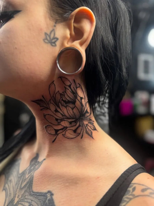 Big Fine Line Chrysanthemum and Butterfly on Women Neck Tattoo by @93_ink