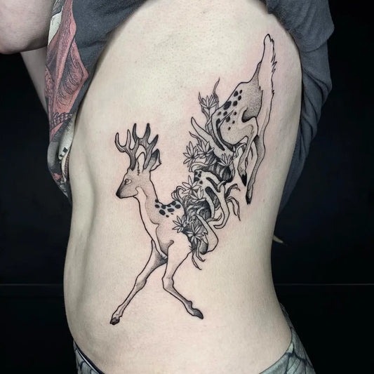 Big Fine Line Deer with Flowers and Tendrils Tattoo on Women Rib by @rarexbeef