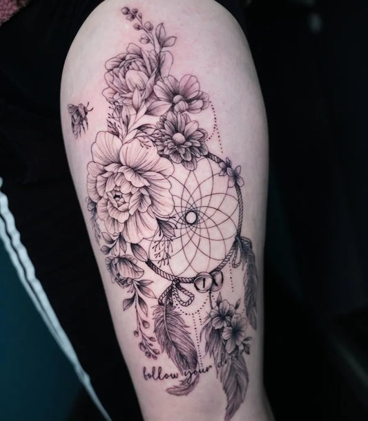 Big Fine Line Dream Catcher With Peony And Bee Tattoo on Women Upper Arm by @polarfuchs.art_