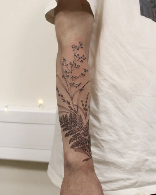 Big Fine Line Fern and Flowers on Men Forearm Tattoo by @amberbreeze.tattoo