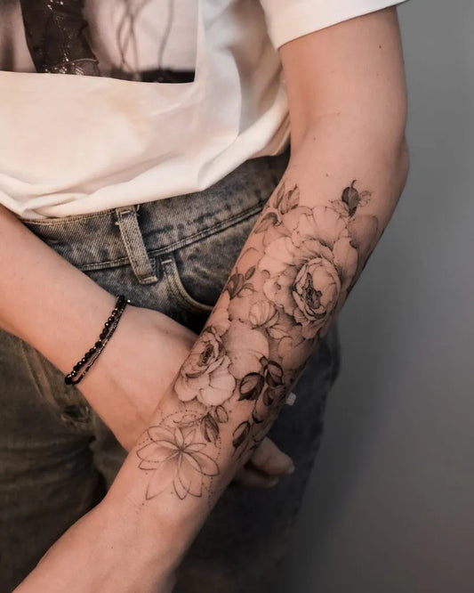 Big Fine Line Floral Arm on Women Arm Tattoo by @asiamadziala_tattoo