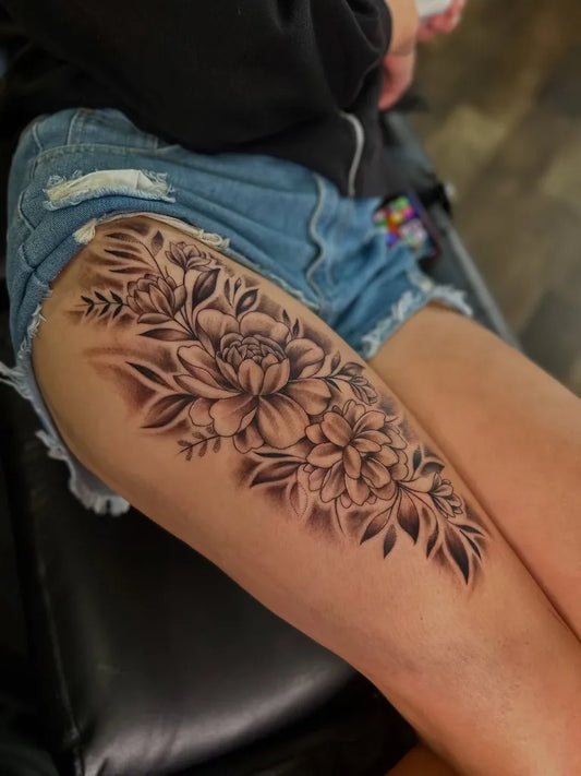 Big Fine Line Floral Bouquet on Women Thigh Tattoo by @skinworkx13