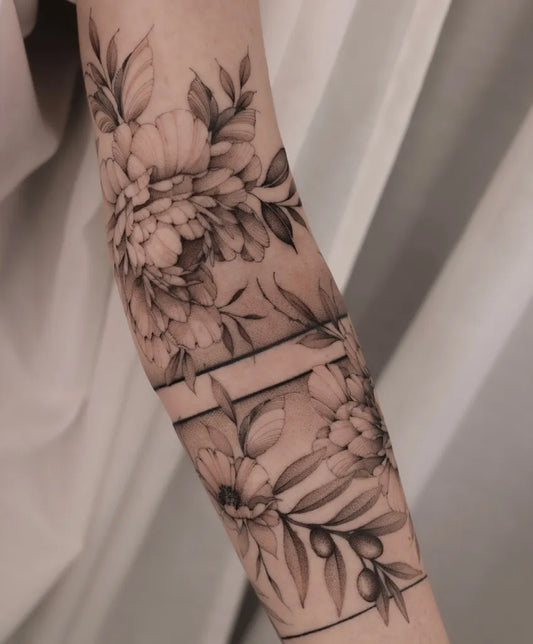 Big Fine Line Floral Sleeve Design on Women Arm Tattoo by @black.peony.ink