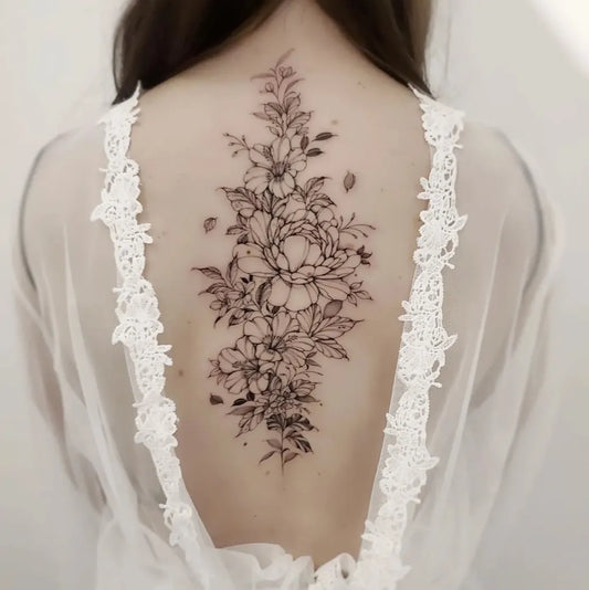 Big Fine Line Flowers Leaves on Women Spine Tattoo by @inkspirationbb