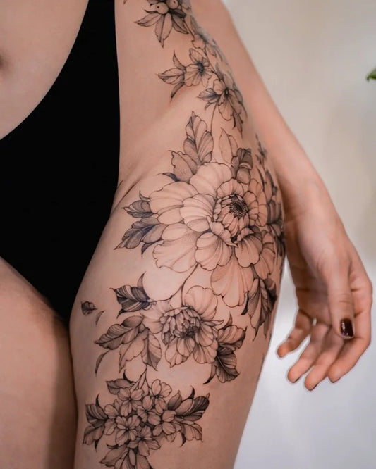 Big Fine Line Flowers Tattoo on Women Hip by @lamaison.ta
