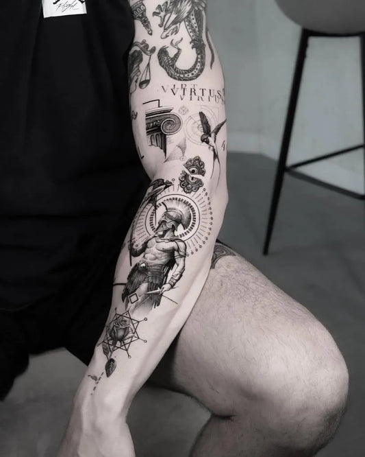 Big Fine Line HermesDragonCompass on Men Arm Tattoo by @hood.seven