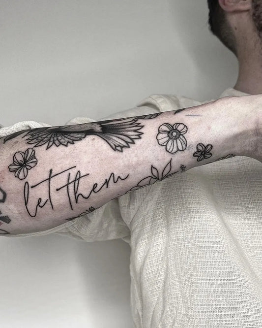 Big Fine Line Let Them Flowers Bird on Men Arm Tattoo by @sophink_xox